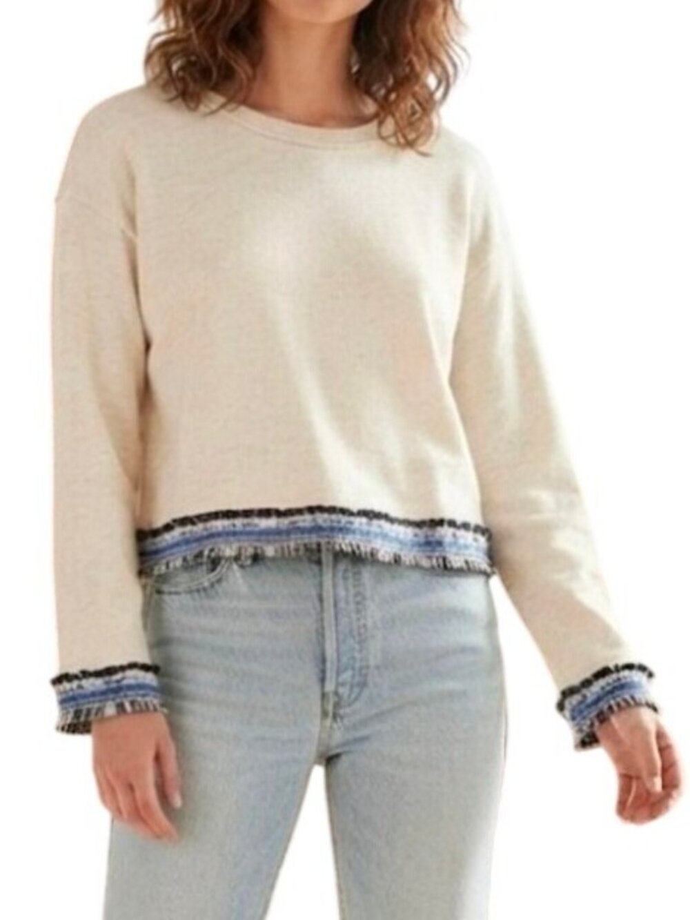 Mango Denim & Tees Cream Long Sleeve Fringe Trim Sweatshirt Top Size XSmall